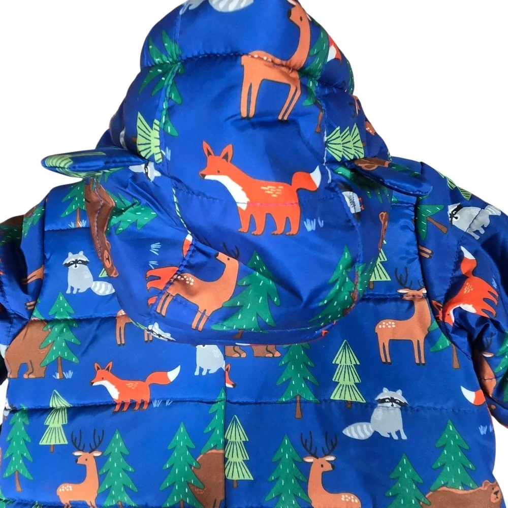 The Childrens Place Puffer Snowsuit Baby 6-9M Blue Woodland Animals NWT